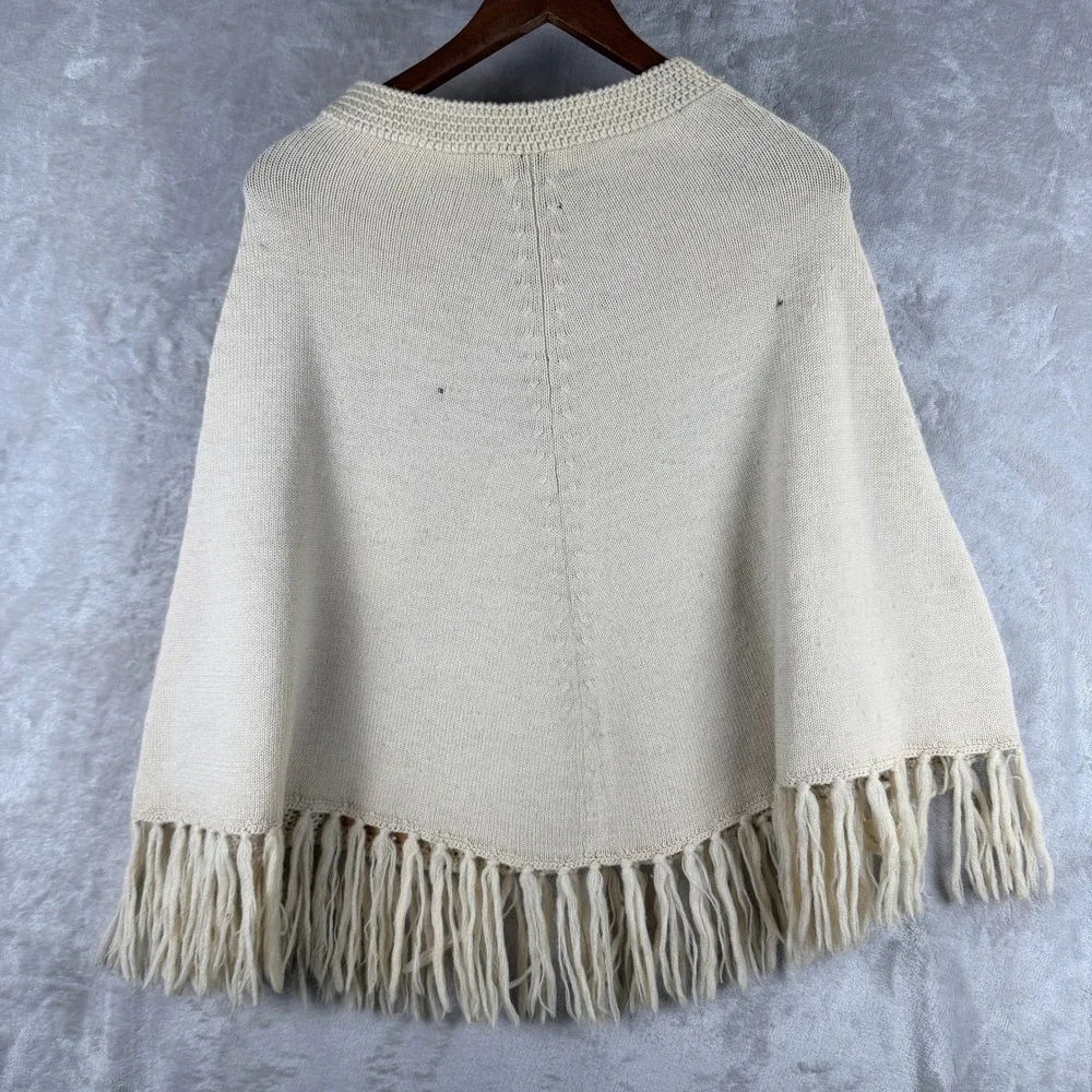 Vintage Patchwork Poncho  Wool Suede Cream Tan Fringe Boho M